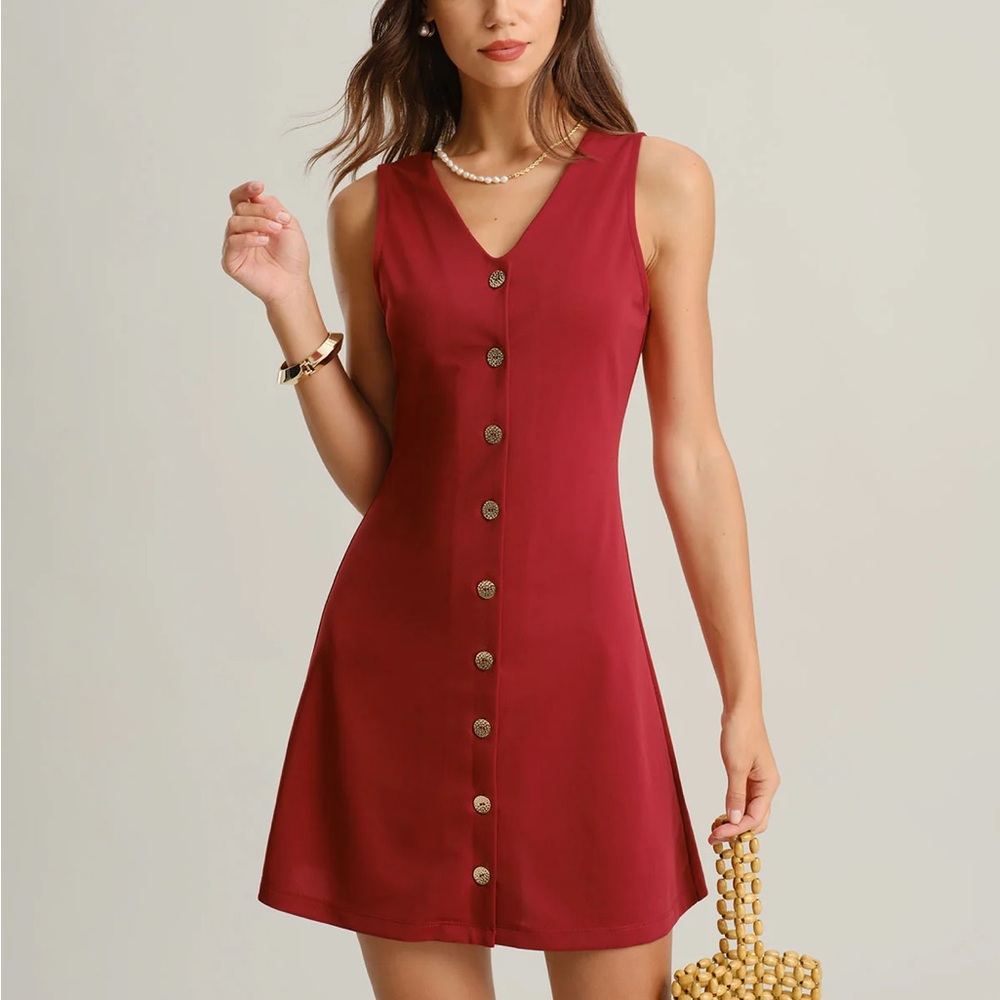 Rihoas Red V Neck Sleeveless Mini Dress